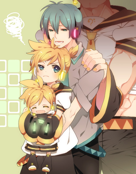 4boys, aqua_eyes, aqua_hair, bad_id, blonde_hair, detached_sleeves, genderswap, hatsune_mikuo