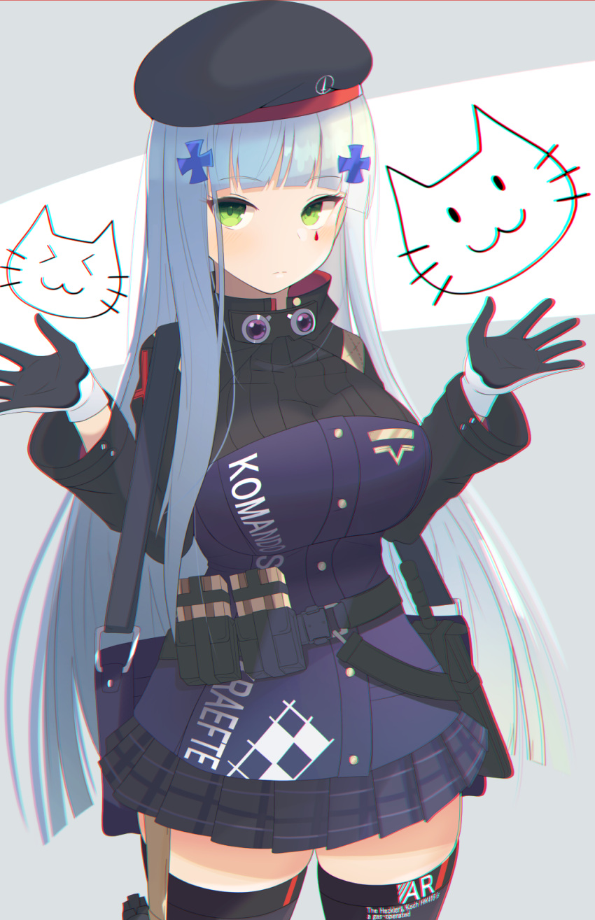 1girl, bangs, beret, black_gloves, black_headwear, black_legwear, blue_skirt, blunt_bangs