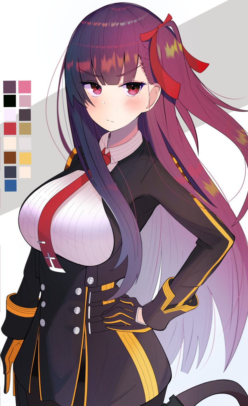 1girl, black_gloves, black_skirt, blazer, breasts, framed_breasts, girls_frontline, gloves