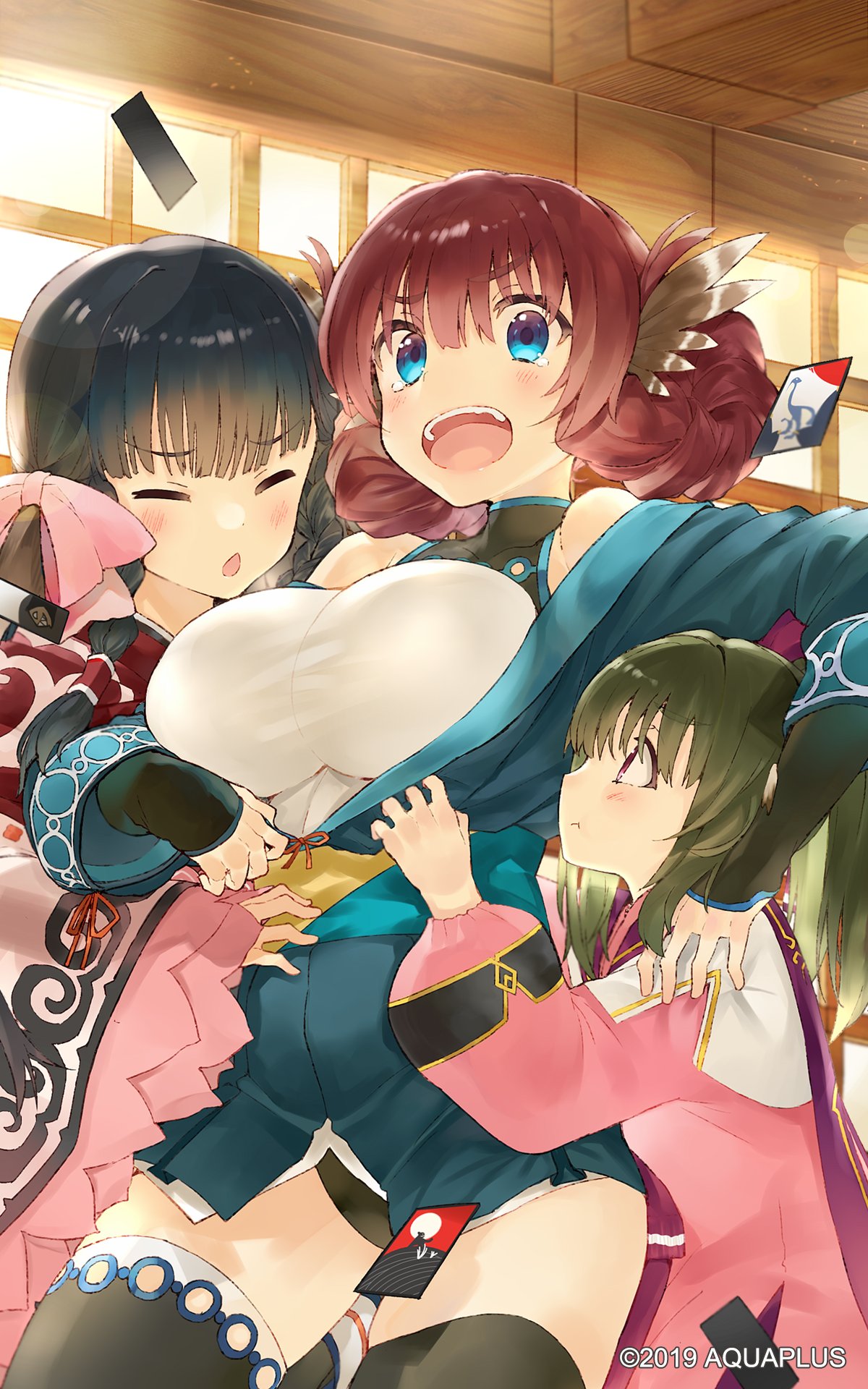 3girls, age_difference, ainu_clothes, animal_ears, aquaplus, asymmetrical_legwear, bare_shoulders, black_hair, blue_eyes, blue_kimono, bow, braid, breasts, chestnut_mouth, closed_eyes, covered_collarbone, cowboy_shot, dated, detached_sleeves, dress, eyebrows_visible_through_hair, feathers, from_below, hair_bow, hanafuda, height_difference, highres, indoors, japanese_clothes, kimono, kou_mashiro, large_breasts, leotard, leotard_under_clothes, looking_at_another, looking_at_viewer, mismatched_legwear, multiple_girls, nekone_(utawarerumono), nosuri, open_clothes, open_kimono, open_mouth, pout, profile, purple_hair, redhead, rurutie_(utawarerumono), short_kimono, surprised, taut_clothes, taut_leotard, tearing_up, tears, thick_thighs, thigh-highs, thighs, tight, turtleneck, twin_braids, utawarerumono, utawarerumono:_itsuwari_no_kamen, utawarerumono:_lost_flag, violet_eyes
