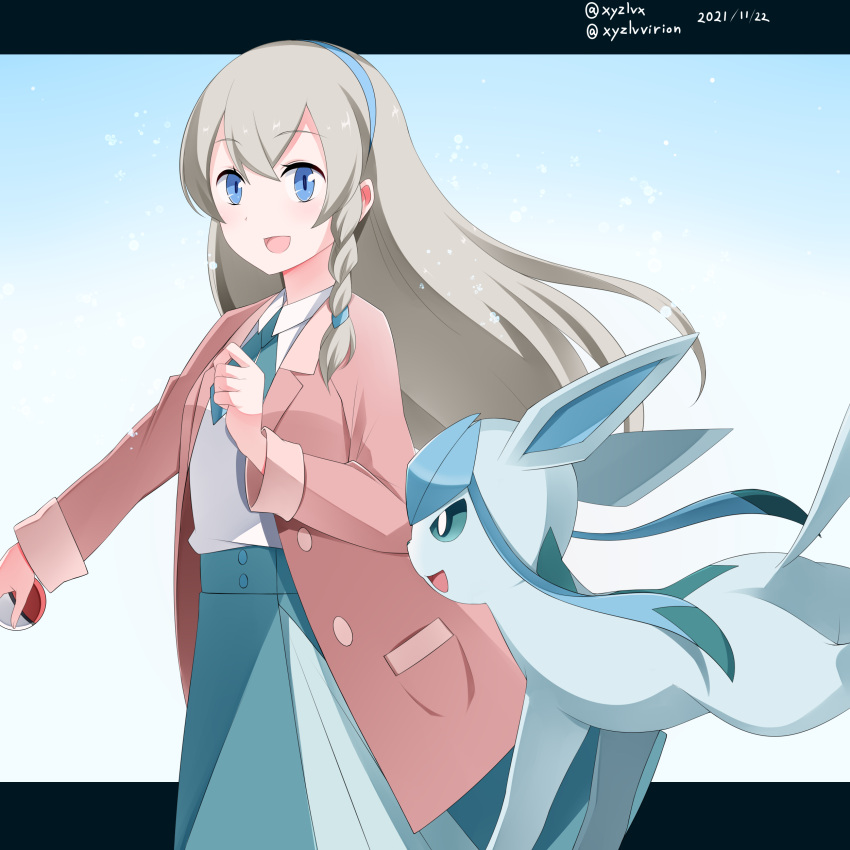 1girl, :d, absurdres, bangs, blue_eyes, blue_hairband, blue_neckwear, blue_skirt