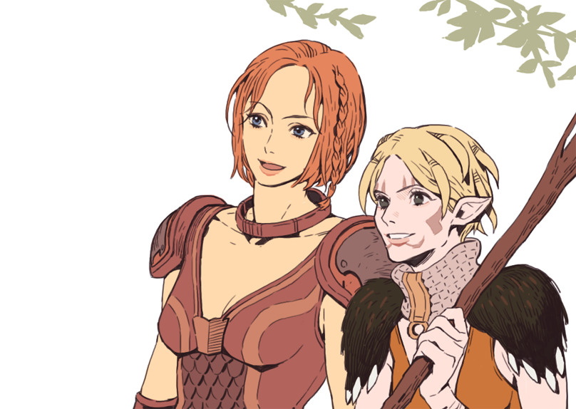 2girls, armor, blonde_hair, blue_eyes, braid, bw2gold, choker, dragon_age, dragon_age:_origins, elf, facial_tattoo, grey_warden, leliana_(dragon_age), multiple_girls, orange_hair, pointy_ears, short_hair, shoulder_armor, staff, tattoo