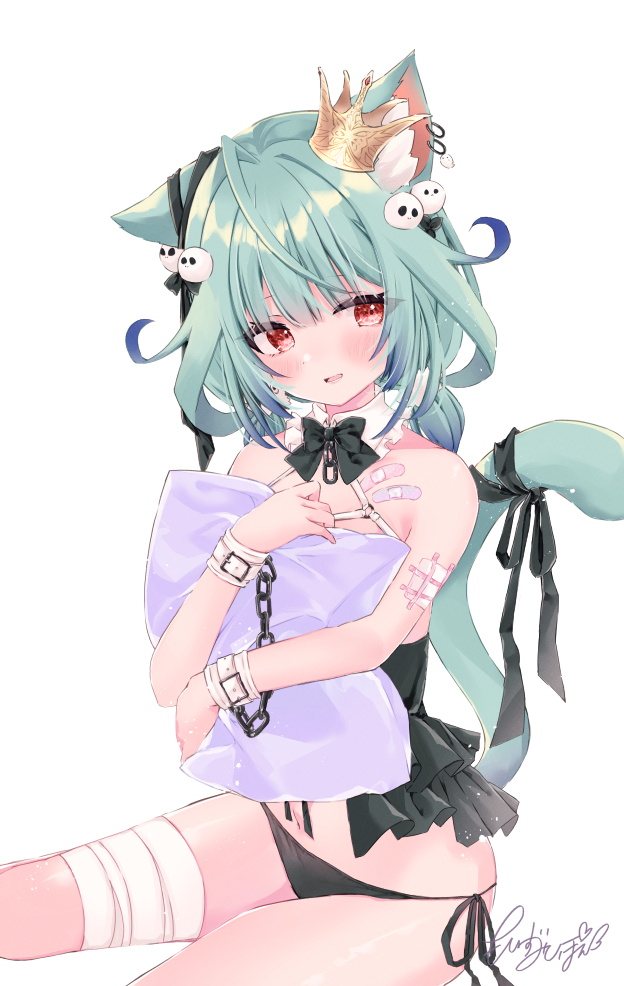1girl, ahoge, animal_ear_fluff, animal_ears, bandaged_leg, bandages, bandaid, bare_shoulders