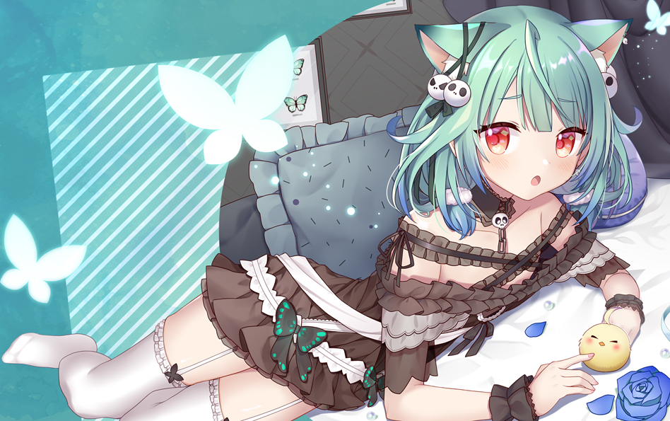 1girl, ahoge, animal_ears, bare_shoulders, bird, black_choker, black_dress, black_ribbon, blue_flower, blue_hair, blue_rose, blush, cat_ears, chick, choker, dress, embarrassed, flat_chest, flower, frilled_dress, frilled_legwear, frilled_straps, frills, garcon_meteor, garter_straps, gradient_hair, green_hair, hair_ornament, hair_ribbon, hololive, looking_at_viewer, low_twintails, lying, medium_hair, multicolored_hair, no_shoes, off-shoulder_dress, off_shoulder, on_bed, on_stomach, open_mouth, piyoko_(uruha_rushia), pom_pom_(clothes), pom_pom_hair_ornament, red_eyes, ribbon, rose, see-through_sleeves, short_dress, short_sleeves, short_twintails, skull_hair_ornament, solo, thigh-highs, twintails, uruha_rushia, virtual_youtuber, white_garter_straps, white_legwear, wristband