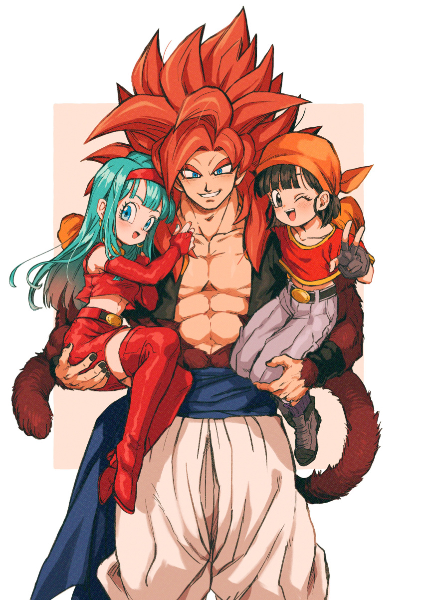1boy, 2girls, absurdres, bare_pectorals, biceps, body_fur, bra_(dragon_ball), brown_fur