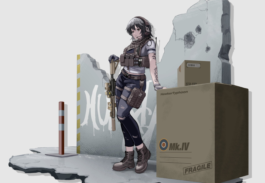 1girl, absurdres, belt, black_gloves, black_hair, black_pants, boots, box