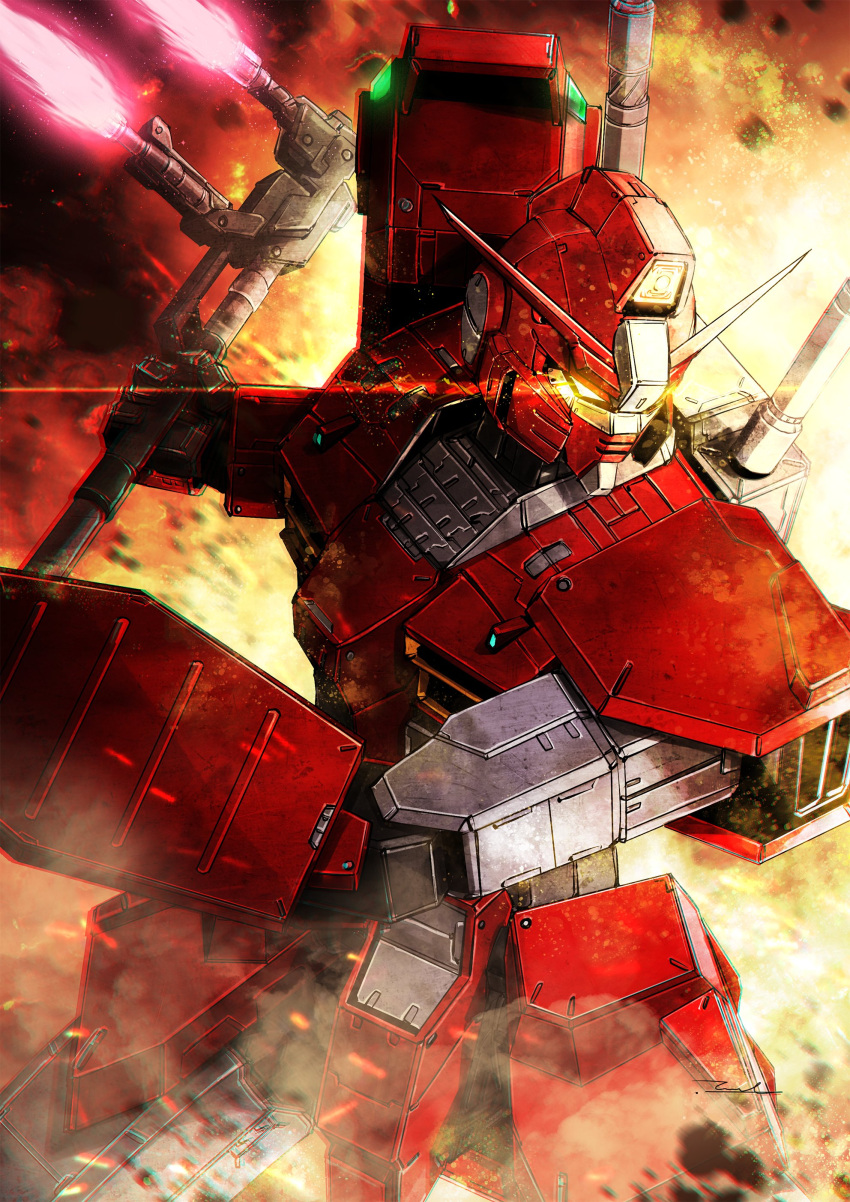 absurdres, embers, energy_weapon, glowing, glowing_eye, gundam, gundam_battle_operation_code_fairy, gundam_pixy_la