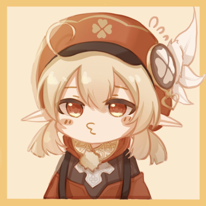 1girl, akashin, bangs, beret, blonde_hair, border, closed_mouth, genshin_impact