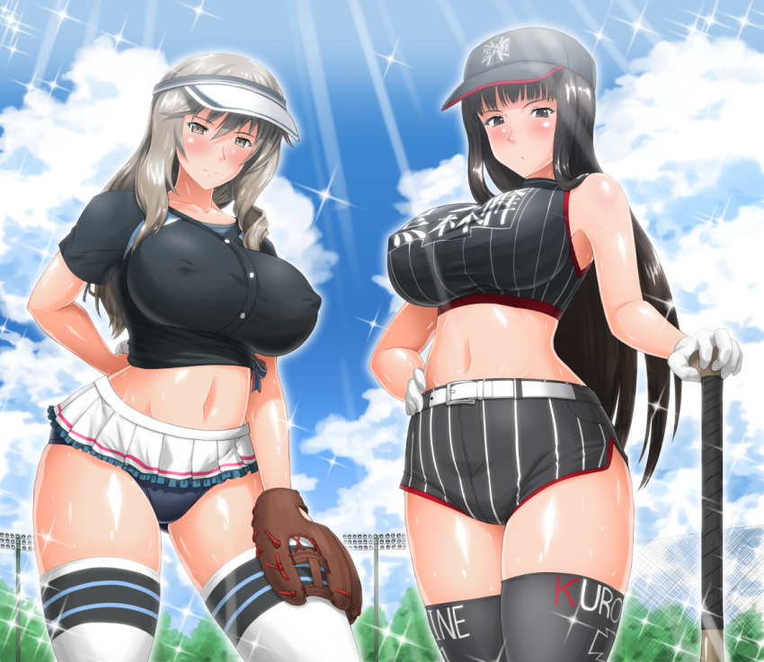 2girls, arm_behind_back, ball, bangs, baseball, baseball_bat, baseball_cap, baseball_mitt