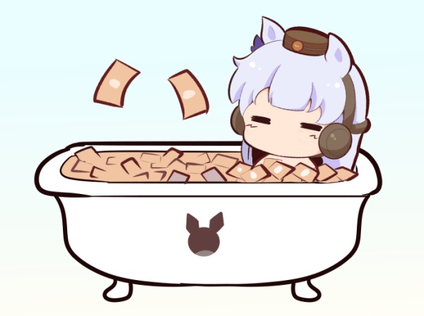 12_billion_yen_incident, 1girl, =_=, animal_ears, bow, ear_bow, gold_ship_(umamusume), gomashio_(goma_feet), headgear, horse_ears, horse_girl, horse_print, money_bath, nude, pillbox_hat, purple_bow, shiny, shiny_hair, solo, umamusume
