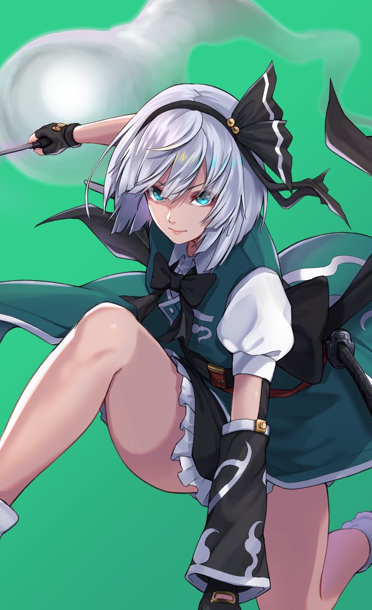 1girl, arm_warmers, belt, black_bow, black_bowtie, black_gloves, black_hairband, black_neckwear