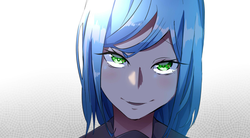 1girl, bangs, blue_hair, close-up, commentary, evil_smile, eyelashes, granbelm