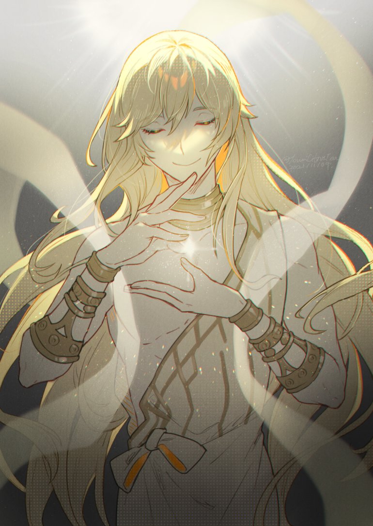 1boy, backlighting, bare_shoulders, blonde_hair, chiton, choker, closed_eyes, closed_mouth