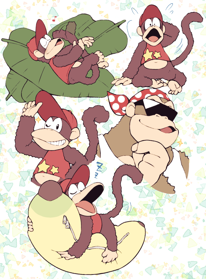 banana, baseball_cap, diddy_kong, donkey_kong_(series), donkey_kong_country, dual_persona, food, fruit, funky_kong, furry, furry_male, hat, minashirazu, no_humans, pixiv, smile