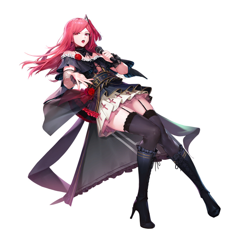 1girl, black_legwear, fishnet_armwear, flat_chest, flower, full_body, garter_straps, highres