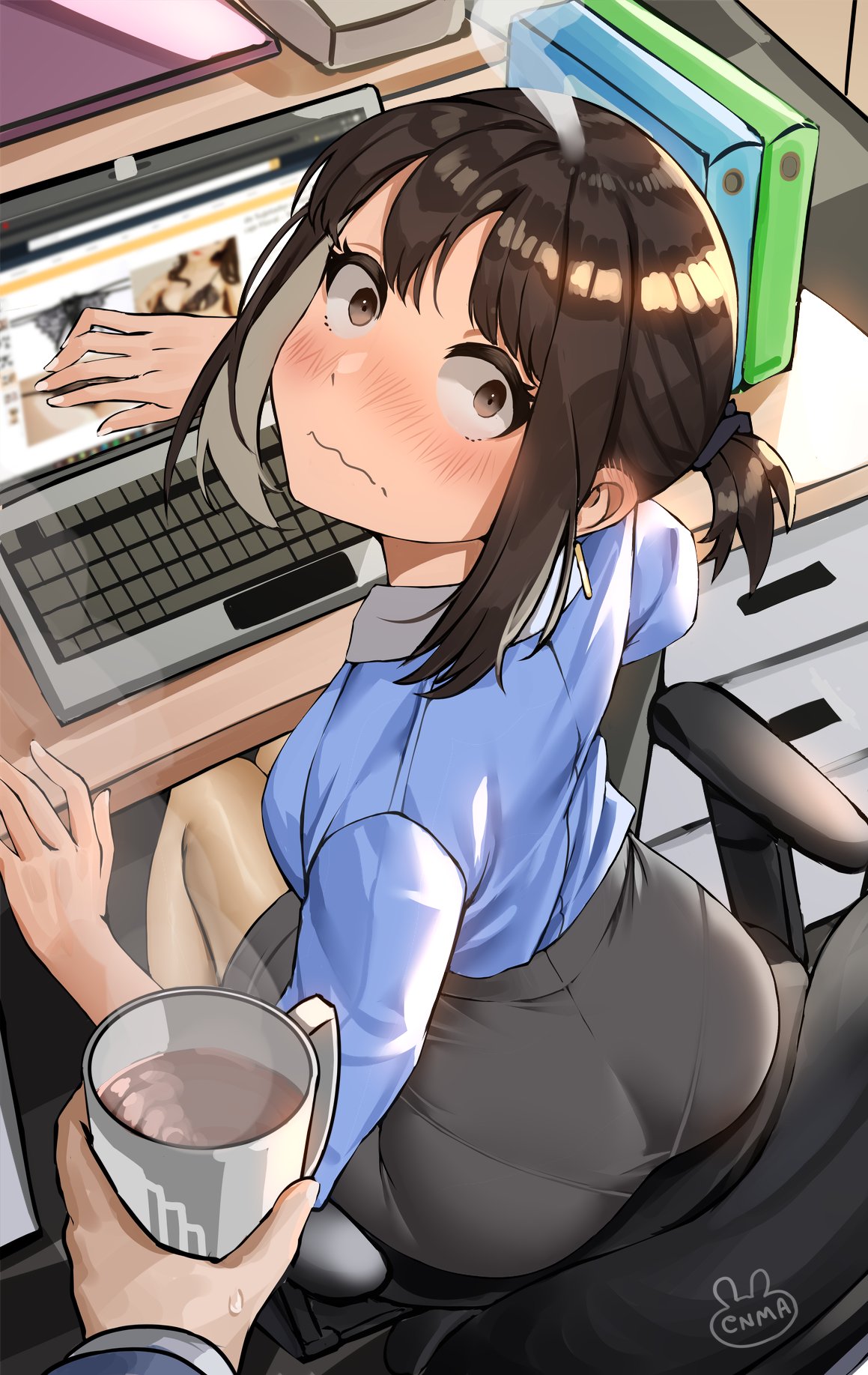 1boy, 1girl, artist_name, ass, binder, blue_shirt, blush, brown_hair