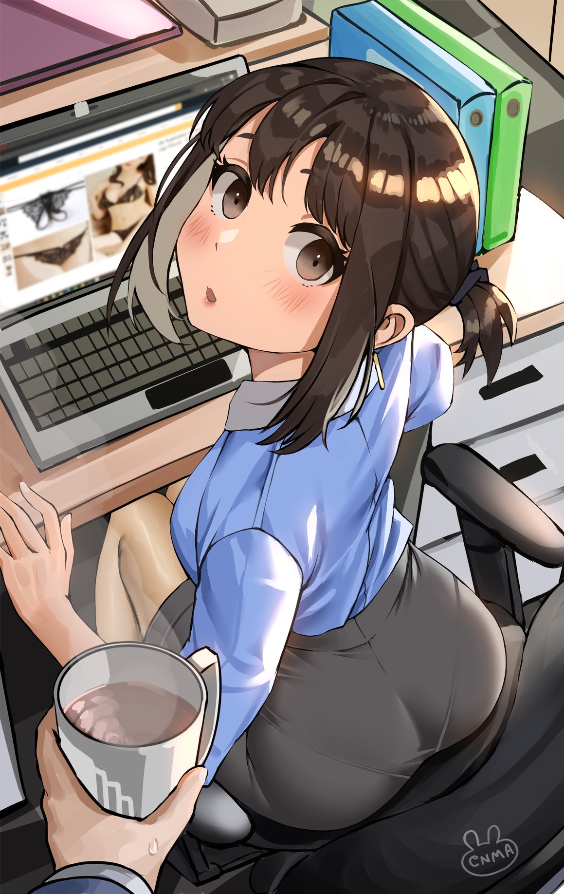 1boy, 1girl, artist_name, ass, binder, blue_shirt, blush, brown_hair
