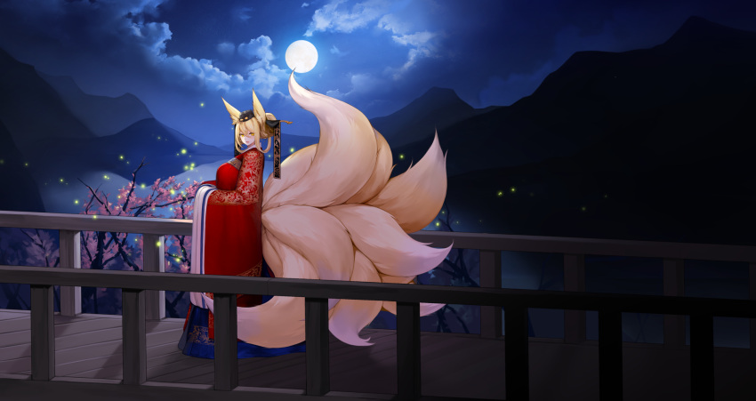 1girl, animal_ear_fluff, animal_ears, blonde_hair, blush, bug, cherry_blossoms, clouds