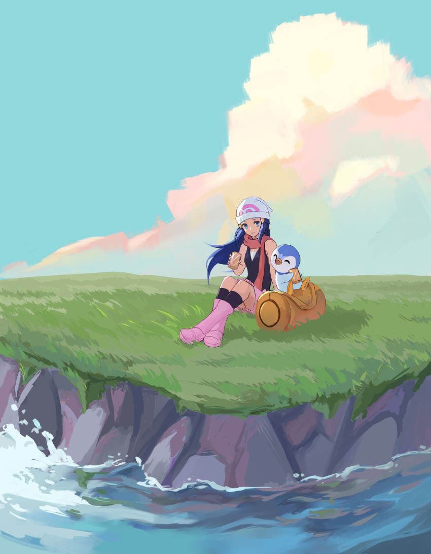 0sei6, 1girl, absurdres, bag, bag_removed, bare_arms, beanie, black_legwear