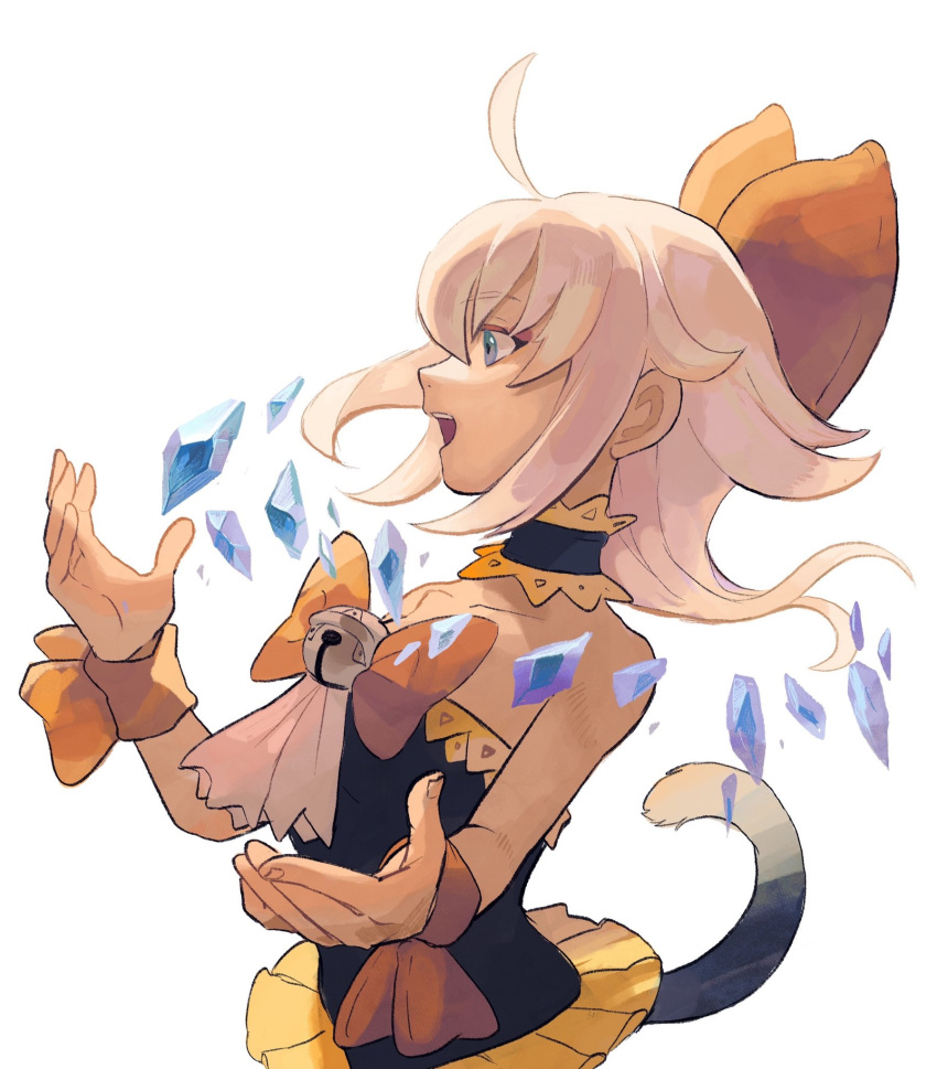 1girl, ahoge, azukimomonaka, bare_shoulders, bell, blue_eyes, bow, cat_tail