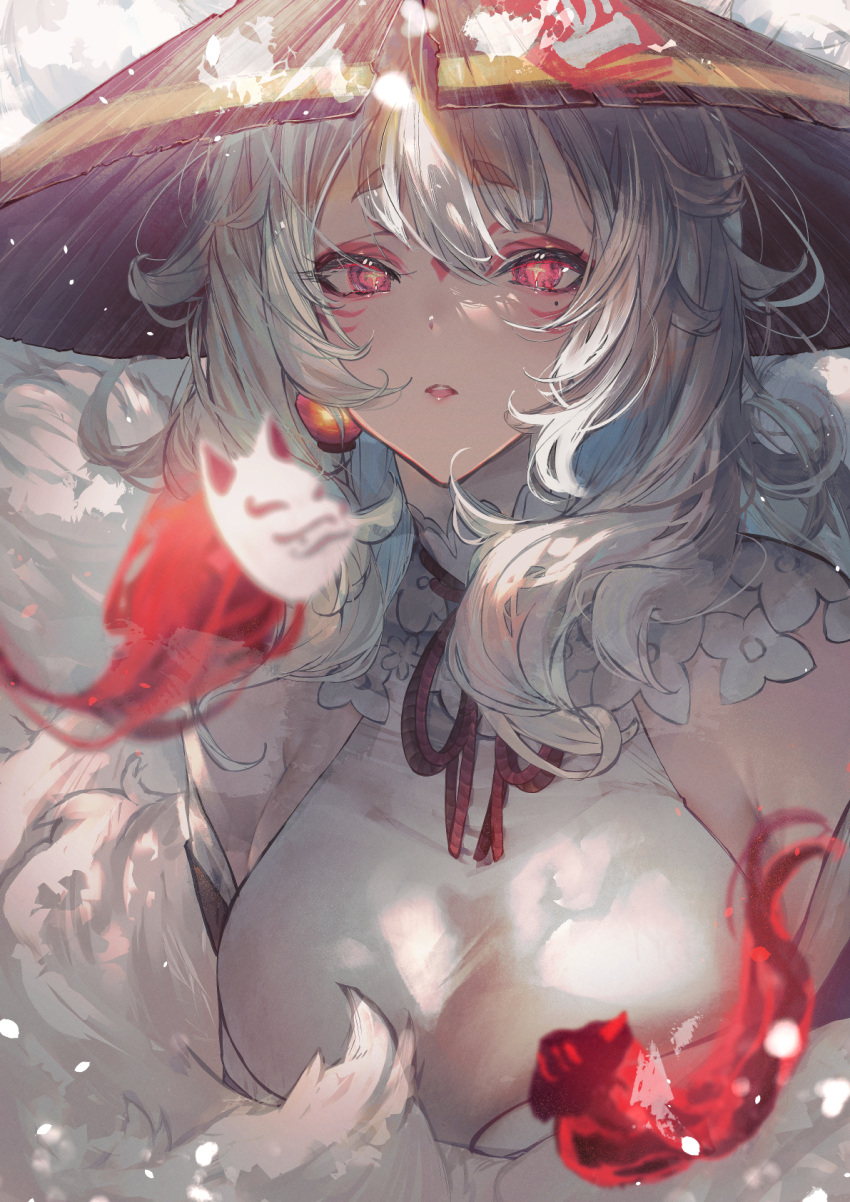 1girl, :o, bangs, betabeet, breasts, cat_mask, earrings, eyebrows_visible_through_hair, facial_mark, fox_girl, fur, hair_between_eyes, highres, hitodama, jewelry, light_particles, lipstick, makeup, mask, medium_breasts, mole, mole_under_eye, neck_ribbon, nijisanji, nijisanji_en, nina_kosaka, open_mouth, red_eyes, red_ribbon, ribbon, shirt, sleeveless, sleeveless_shirt, solo, teeth, thick_thighs, thighs, upper_body, upper_teeth, virtual_youtuber, white_hair, white_shirt