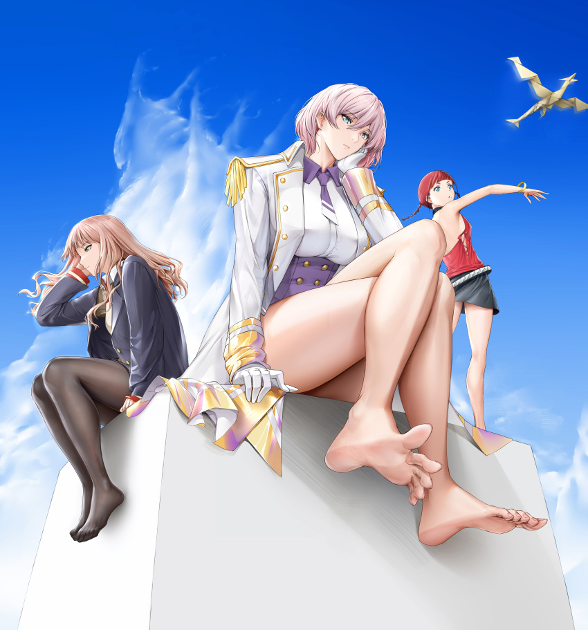 3girls, absurdres, asukagawa_chise, bare_legs, barefoot, beige_sweater, black_legwear, blazer, blue_sky, de_mo_ne, feet, green_eyes, gridman_universe, highres, jacket, looking_at_viewer, military_jacket, minami_yume, mujina, multiple_girls, necktie, purple_corset, purple_necktie, purple_shorts, short_hair, short_necktie, shorts, sky, soles, ssss.dynazenon, toes, white_jacket
