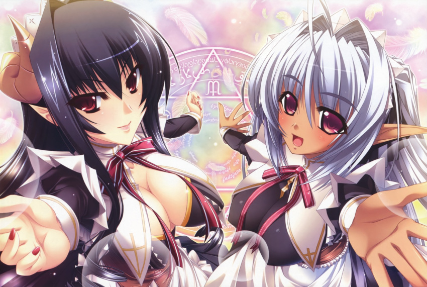 2girls, black_hair, horns, pointy_ears, red_eyes, sensia_lindorf, tagme, white_hair
