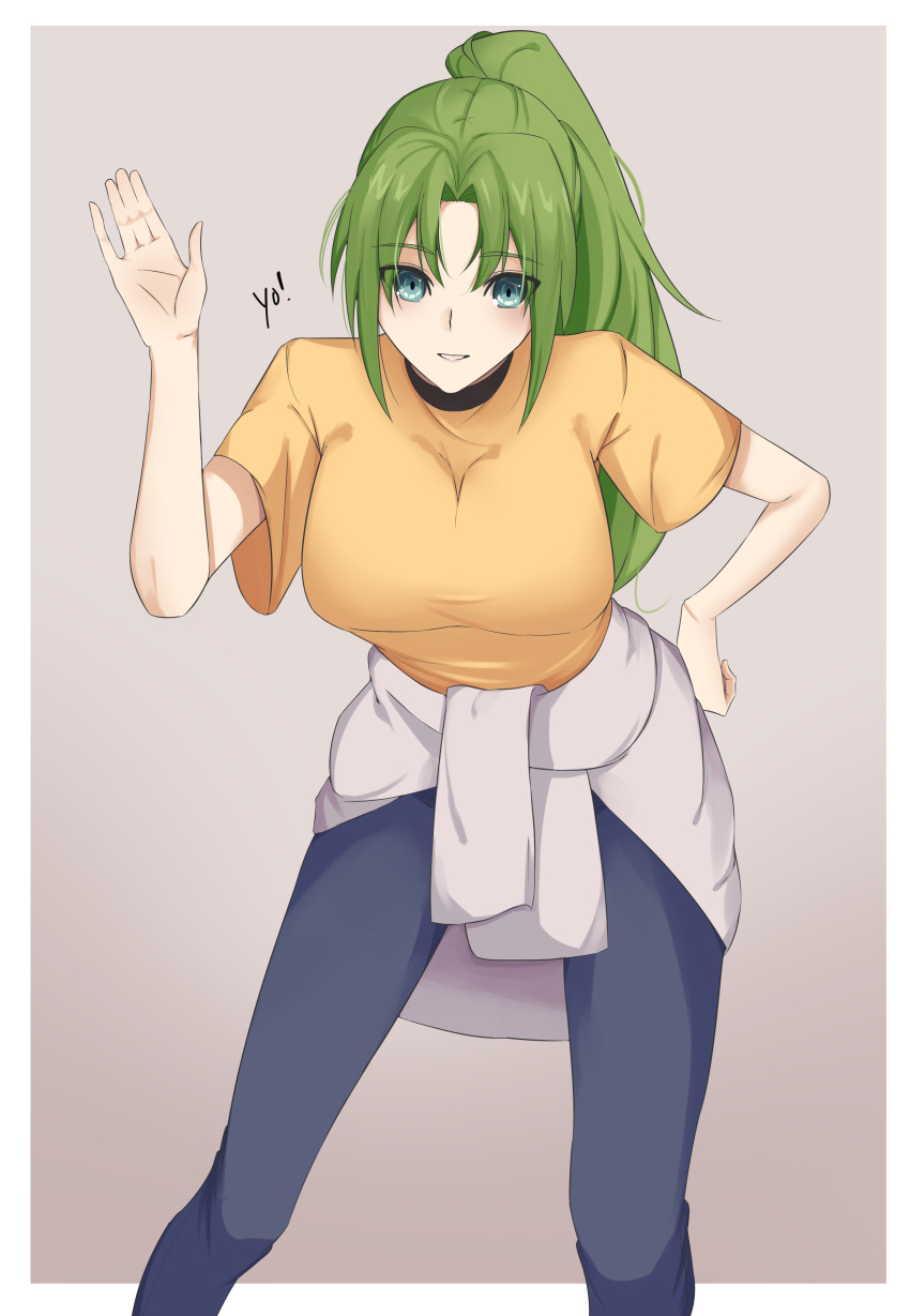 1girl, absurdres, blush, border, breasts, clothes_around_waist, code_nt, denim, english_text, gradient, gradient_background, green_eyes, green_hair, grey_background, grey_sweater, hand_on_hip, highres, higurashi_no_naku_koro_ni, jeans, large_breasts, leaning_forward, looking_at_viewer, outside_border, pants, ponytail, shirt, smile, solo, sonozaki_mion, sweater, sweater_around_waist, waving, white_border, yellow_shirt