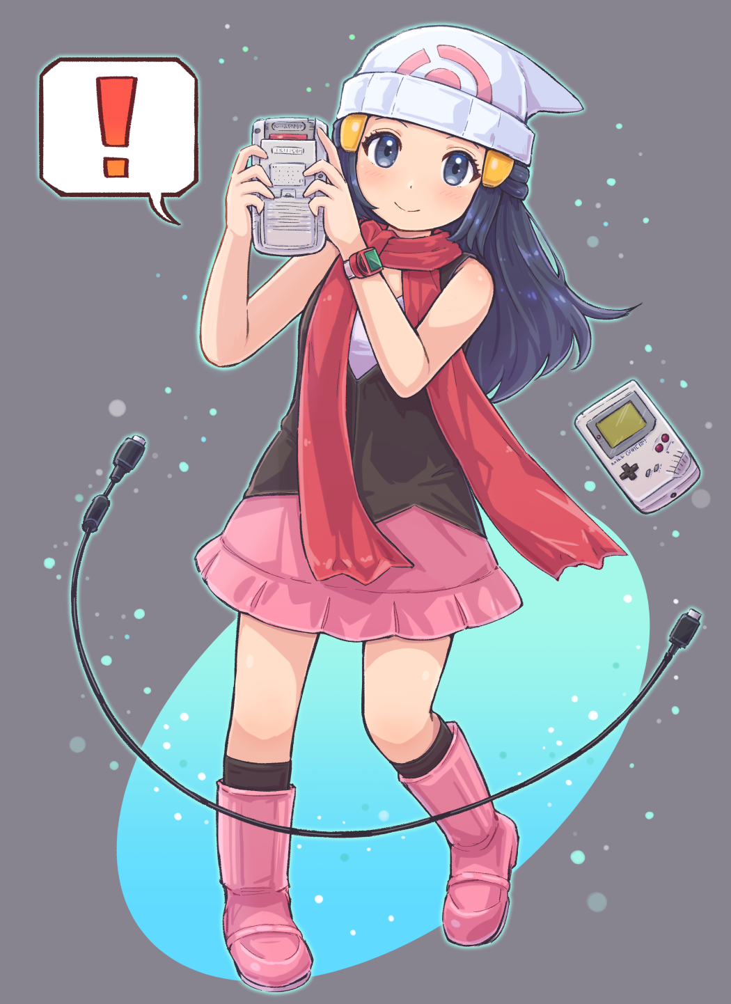 !, 1girl, beanie, black_hair, black_legwear, blush, boots, cable