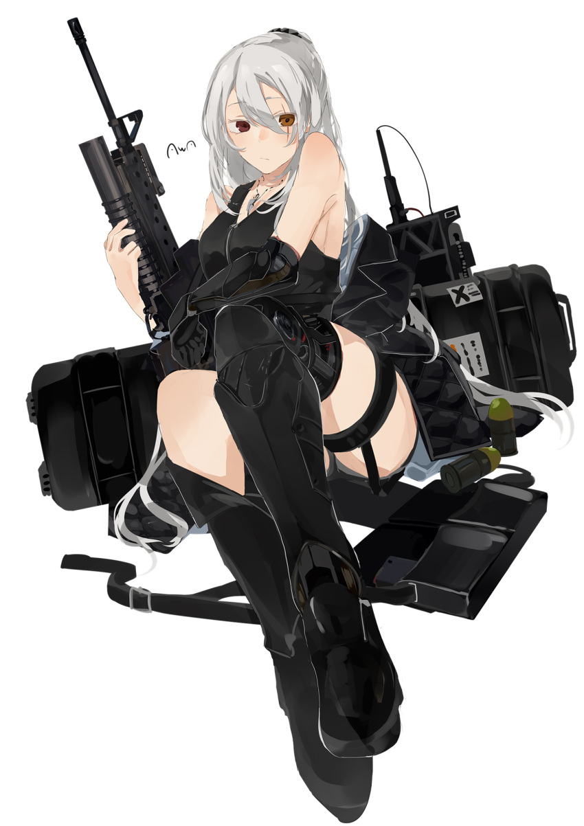 1girl, artist_name, assault_rifle, bangs, bare_shoulders, black_footwear, black_jacket, black_shirt
