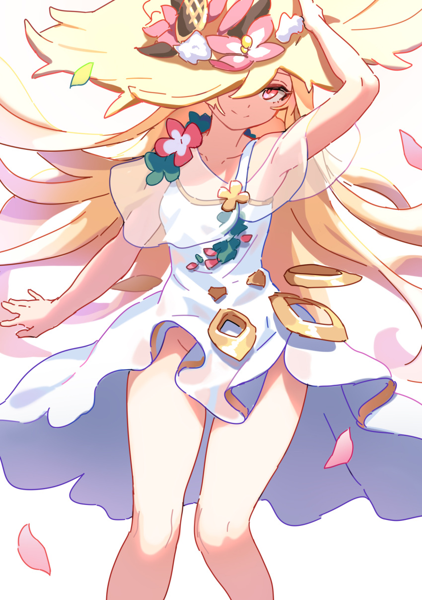 1girl, absurdres, arm_up, breasts, closed_mouth, collarbone, commentary, dress, esterielle_(world_flipper), flower, happy, hat, hat_flower, highres, looking_at_viewer, no_panties, official_alternate_costume, one_eye_covered, petals, pink_eyes, pink_flower, see-through, simple_background, sleeveless, sleeveless_dress, small_breasts, smile, solo, split_mouth, standing, straw_hat, sun_hat, taotao, white_background, white_dress, world_flipper, yellow_headwear