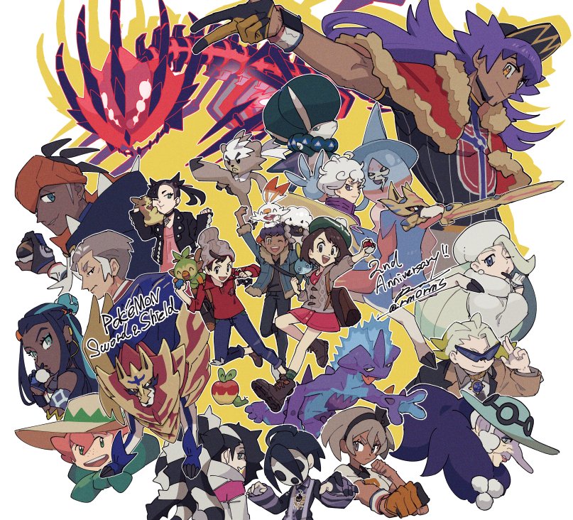 6+boys, 6+girls, :d, ahoge, allister_(pokemon), anniversary, applin, armlet