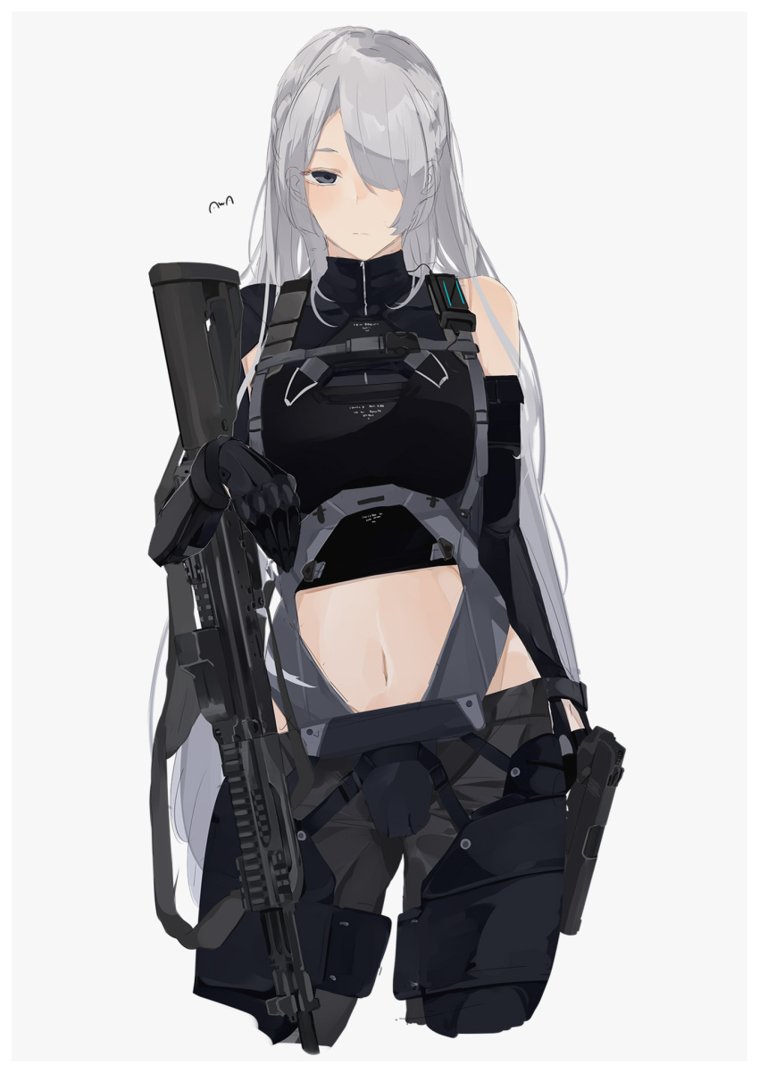 1girl, ak-15, ak-15_(girls'_frontline), artist_name, assault_rifle, asymmetrical_gloves, bangs, blue_eyes