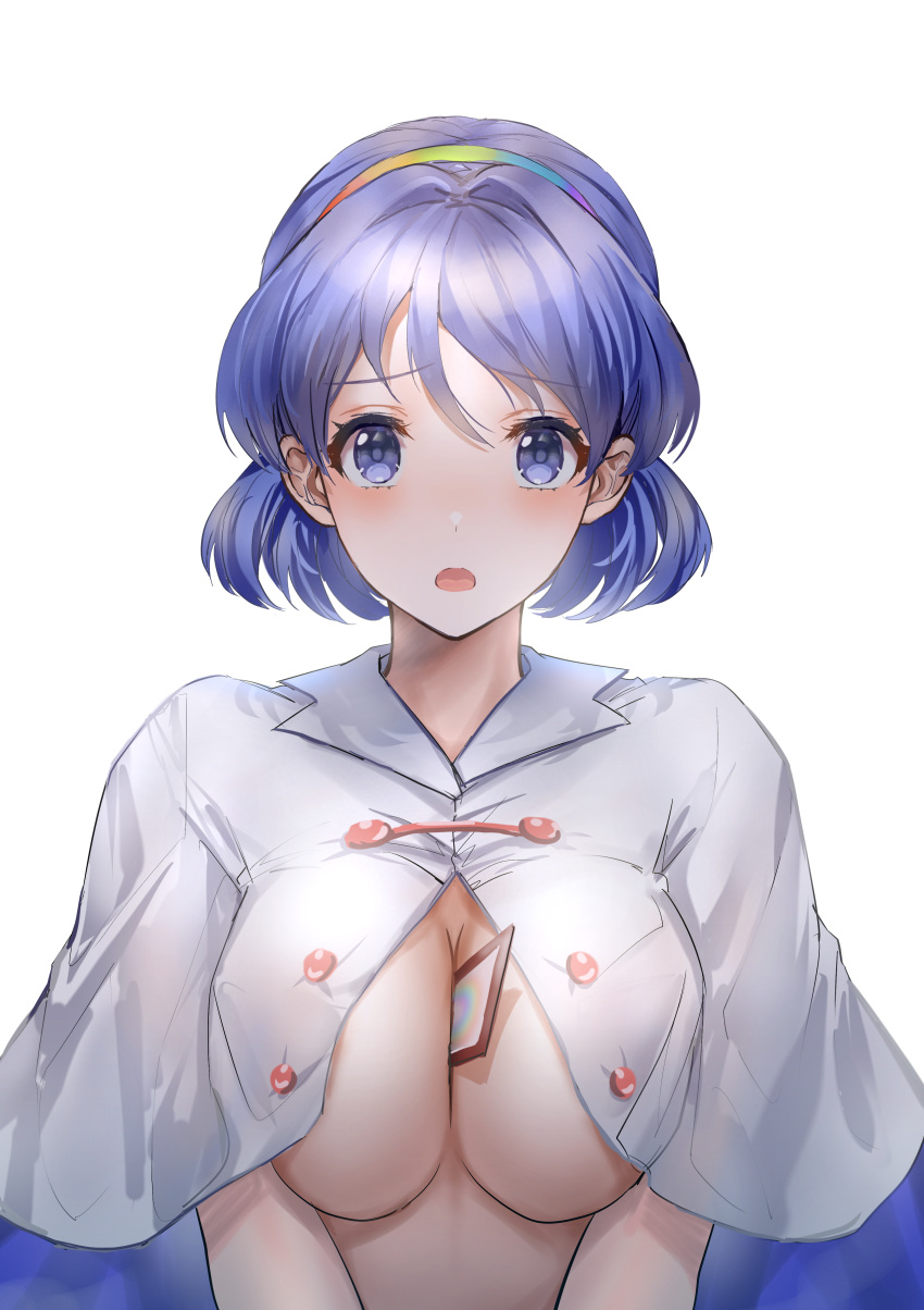 1girl, :o, absurdres, bangs, between_breasts, blush, breasts, card
