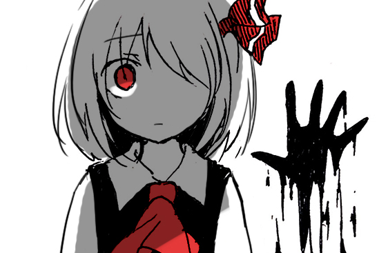 1girl, ascot, bangs, black_vest, closed_mouth, eyebrows_visible_through_hair, fourth_wall, hair_ribbon, hand_print, hinase_kaguya, looking_at_viewer, medium_hair, monochrome, one-hour_drawing_challenge, red_ascot, red_eyes, red_ribbon, ribbon, rumia, shirt, simple_background, solo, touhou, upper_body, vest, white_background, white_shirt