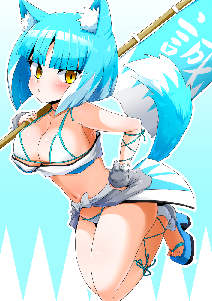 1girl, animal_ear_fluff, animal_ears, ankle_lace-up, aqua_hair, asagi_(bombergirl), bikini, bikini_skirt, blush, bob_cut, bombergirl, breasts, flag, hand_on_hip, holding, holding_flag, houshi, medium_breasts, multicolored_hair, sandals, slit_pupils, solo, swimsuit, tail, two-tone_hair, white_bikini, white_hair, wolf_ears, wolf_girl, wolf_tail, yellow_eyes