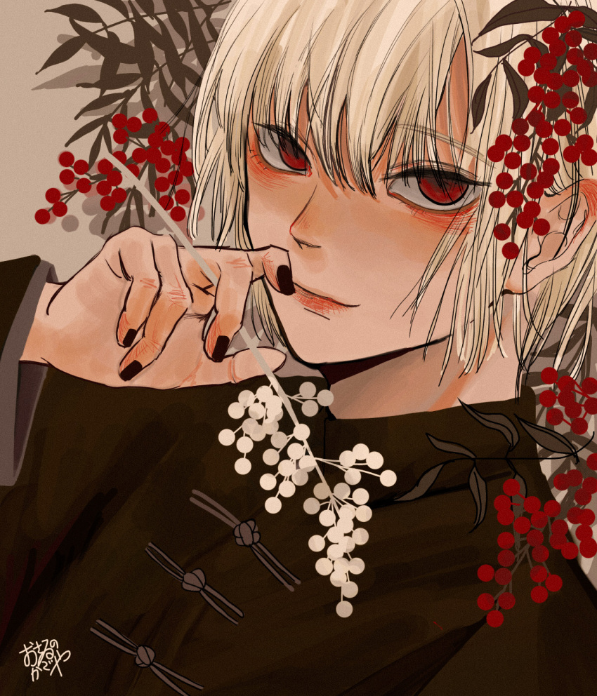 1boy, bangs, berry, bishounen, black_nails, blonde_hair, branch, brown_background