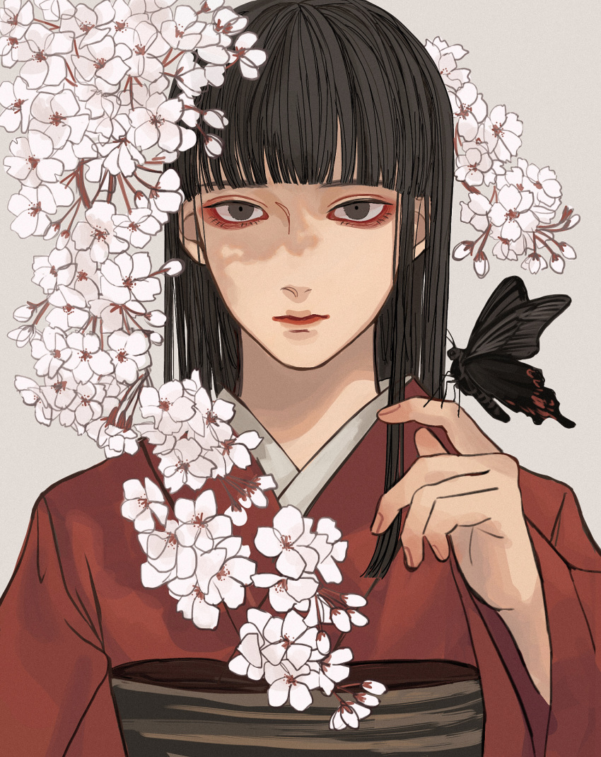 1girl, bangs, black_butterfly, blunt_bangs, branch, brown_eyes, brown_hair, brown_sash