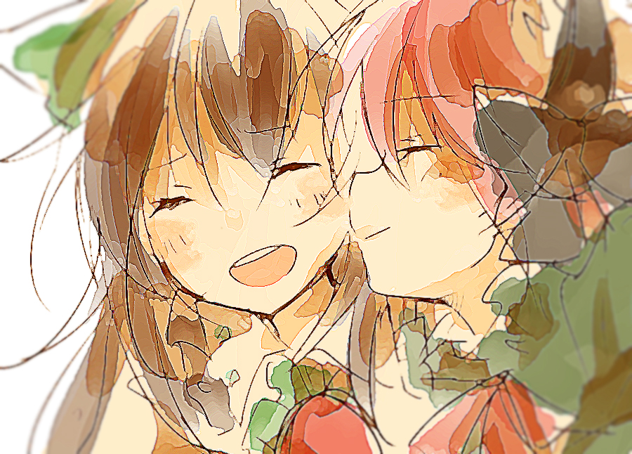 2girls, ^_^, ^o^, bangs, black_bow, black_hair, blurry, bow, close-up, closed_eyes, closed_mouth, couple, depth_of_field, eyebrows_visible_through_hair, face, facing_viewer, from_side, furrowed_brow, hair_bow, happy, hinase_kaguya, kaenbyou_rin, kiss, kissing_cheek, long_hair, multiple_girls, muted_color, neck_ribbon, open_mouth, profile, red_ribbon, redhead, reiuji_utsuho, ribbon, round_teeth, simple_background, smile, teeth, touhou, upper_teeth, white_background, yuri