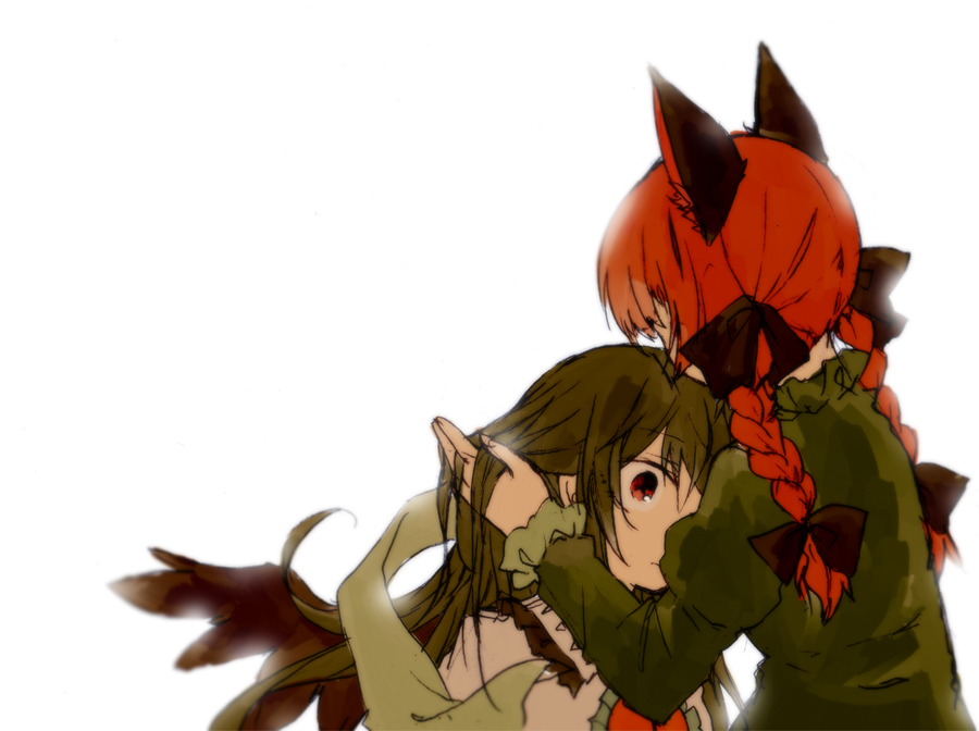 2girls, animal_ears, backlighting, bangs, bird_wings, black_bow, black_hair, black_wings