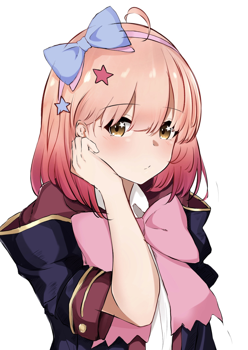 1girl, absurdres, ahoge, arm_up, bangs, blush, bow, bowtie