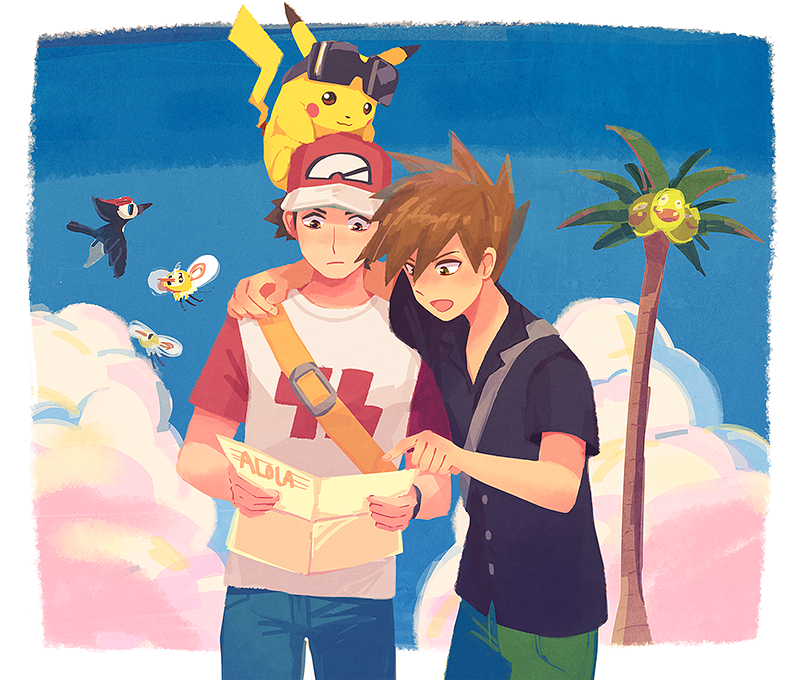 2boys, alolan_exeggutor, arm_around_shoulder, baseball_cap, black_shirt, blue_oak, blue_pants, buttons, closed_mouth, clouds, collared_shirt, commentary_request, cutiefly, day, green_shorts, hat, holding, holding_map, itome_(funori1), male_focus, map, multiple_boys, on_head, outdoors, pants, pikachu, pikipek, pointing, pokemon, pokemon_(creature), pokemon_(game), pokemon_on_head, pokemon_sm, reading, red_(pokemon), red_headwear, shirt, short_sleeves, shorts, sky, strap, t-shirt