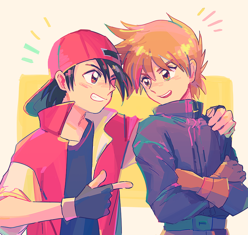 2boys, backwards_hat, bangs, baseball_cap, belt, black_gloves, black_hair, black_shirt, blue_oak, brown_eyes, brown_gloves, brown_hair, commentary_request, crossed_arms, eye_contact, fingerless_gloves, gloves, grin, hat, itome_(funori1), jacket, looking_at_another, male_focus, multiple_boys, one_eye_closed, open_mouth, pokemon, pokemon_adventures, red_(pokemon), red_headwear, shirt, short_hair, short_sleeves, smile, teeth, tongue, upper_teeth