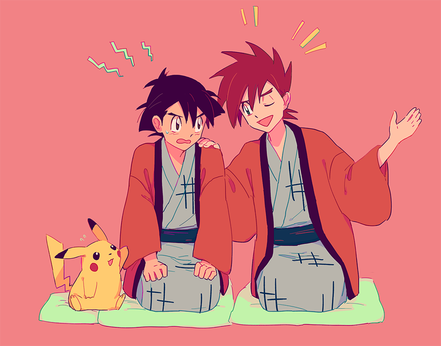 2boys, ;d, ash_ketchum, bangs, brown_hair, commentary_request, flying_sweatdrops, gary_oak