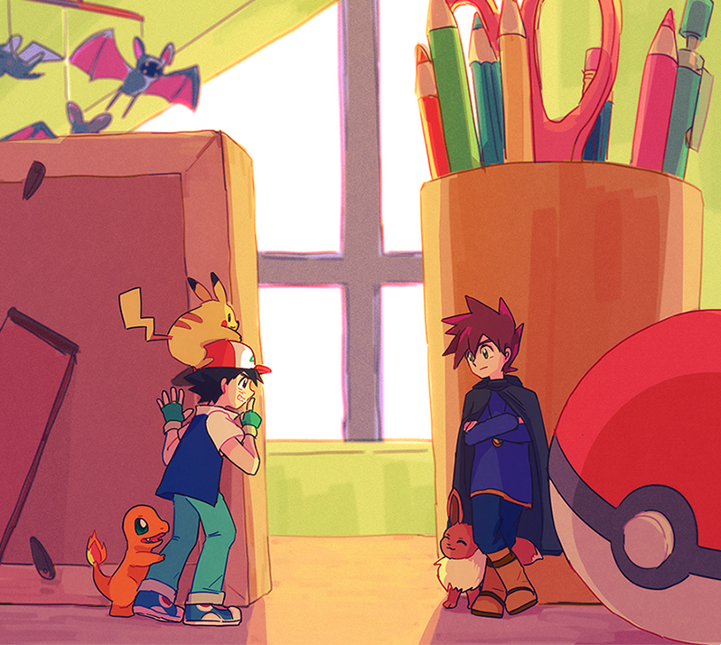 2boys, ash_ketchum, baseball_cap, black_cape, black_hair, boots, brown_hair, cape