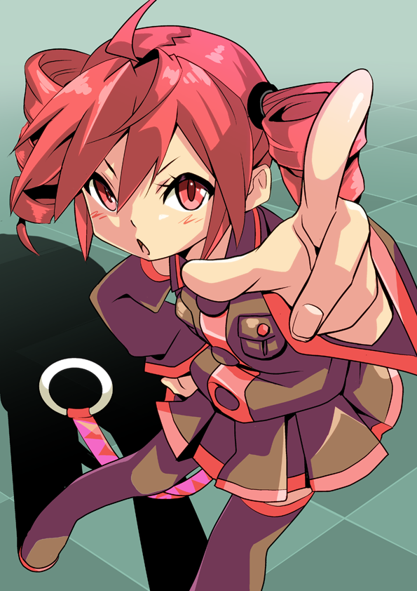 1girl, :o, ahoge, bare_shoulders, black_legwear, black_shirt, black_skirt, black_sleeves, breast_pocket, cel_shading, commentary, contrapposto, detached_sleeves, drill_hair, foreshortening, from_above, hair_tie, hand_on_hip, index_finger_raised, kasane_teto, maki_(nasulily), miniskirt, open_mouth, pleated_skirt, pocket, pointing, pointing_at_viewer, red_eyes, redhead, shadow, shirt, short_hair, skirt, solo, standing, tile_floor, tiles, twin_drills, utau, v-shaped_eyebrows