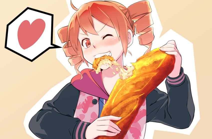 1girl, ahoge, baguette, beige_background, biting, black_sleeves, blush, bread