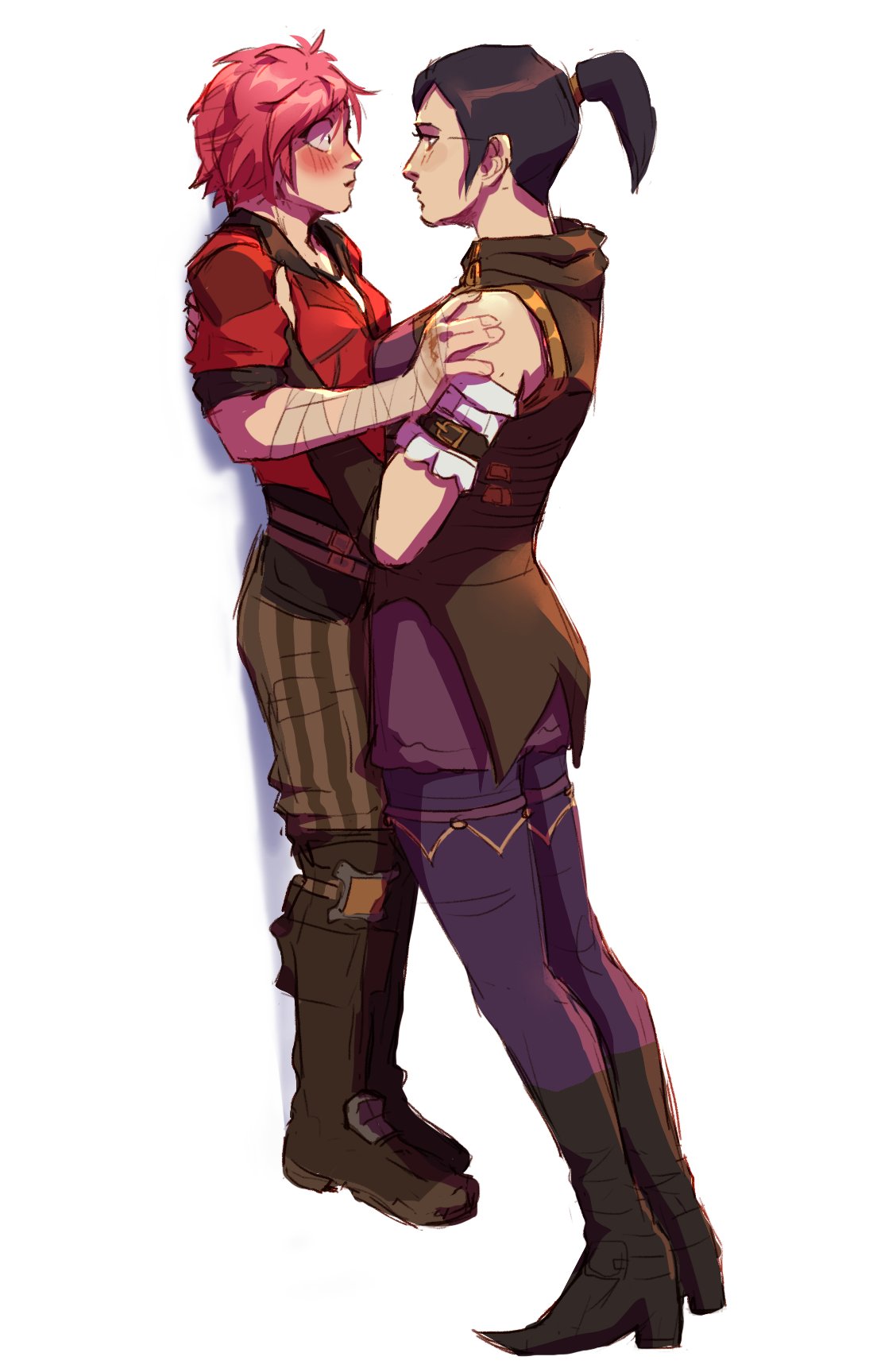 2girls, arcane:_league_of_legends, black_hair, blush, boots, breasts, caitlyn_(league_of_legends), eye_contact, height_difference, highres, lauren_phillips_lifting_alice_merchesi, league_of_legends, lifting_person, looking_at_another, multiple_girls, owl_spark, pink_hair, ponytail, short_hair, vi_(league_of_legends), yuri