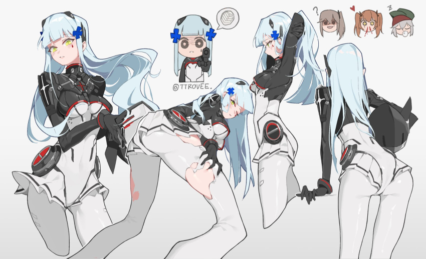 4girls, ?, ass, bangs, bent_over, blunt_bangs, blush, bodysuit
