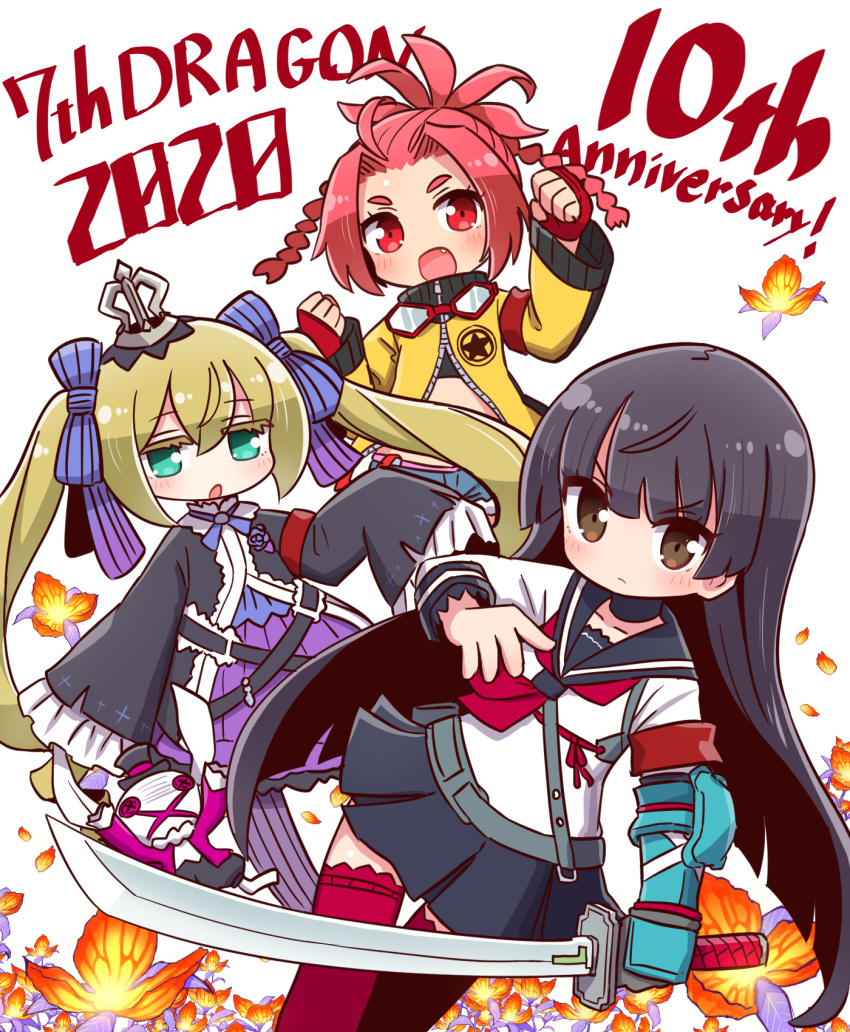 3girls, 7th_dragon_(series), 7th_dragon_2020, :d, anniversary, bangs, black_hair, black_jacket